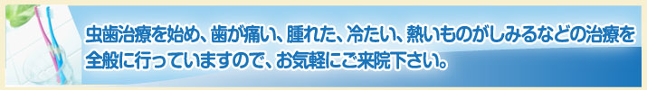 虫歯治療を始め、歯が痛い、腫れた、冷たい、熱いものがしみるなどの治療を全般に行っていますので、お気軽にご来院下さい。